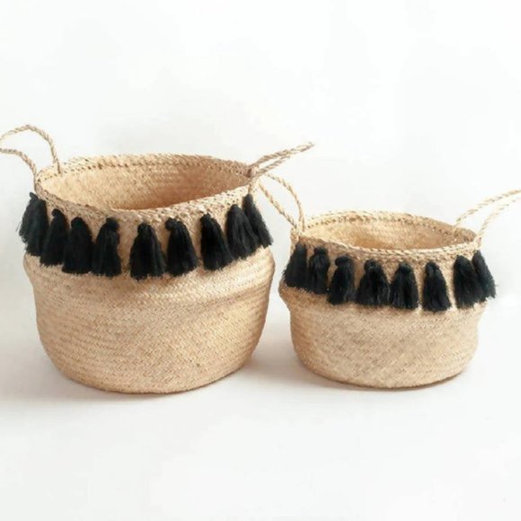 Black Tasseled Belly Basket - Set of 2